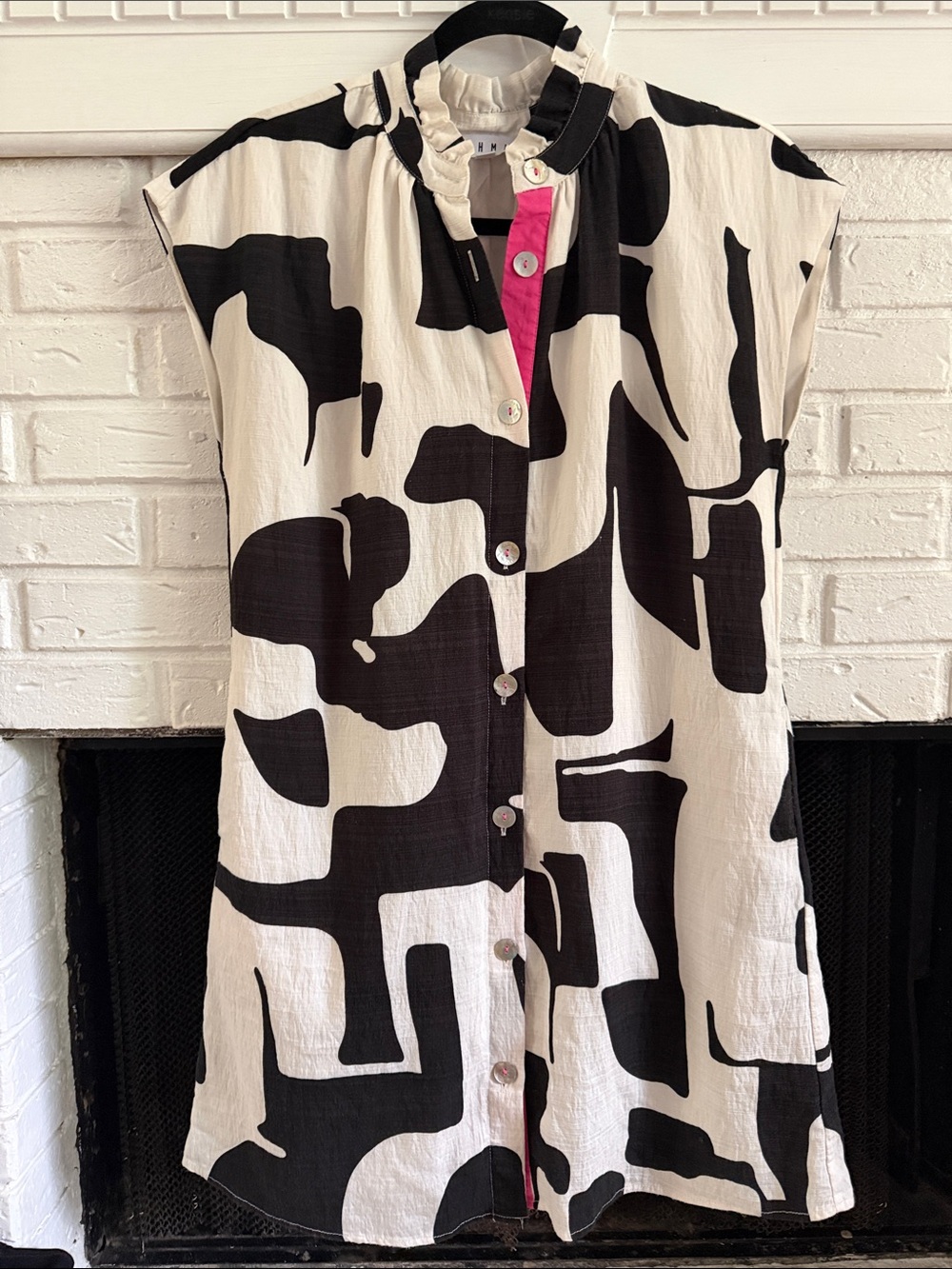 THML Black and White Abstract Print Dress with Pink Trim